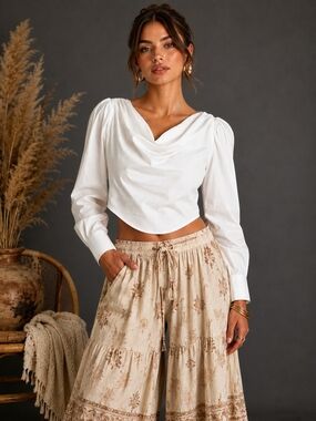 KBB by Kahlana The Balloon White Cowl Neck Crop Top NWT Small